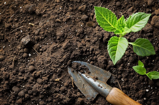 Eine junge Pflanze, die in fruchtbarem Boden auftaucht, neben einer Gartentralle, die mit genügend Platz auf der Seite für Schilder geschnitten wurde