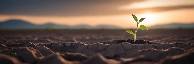 Foto eine junge pflanze spritzt aus dem boden in einem unfruchtbaren feld