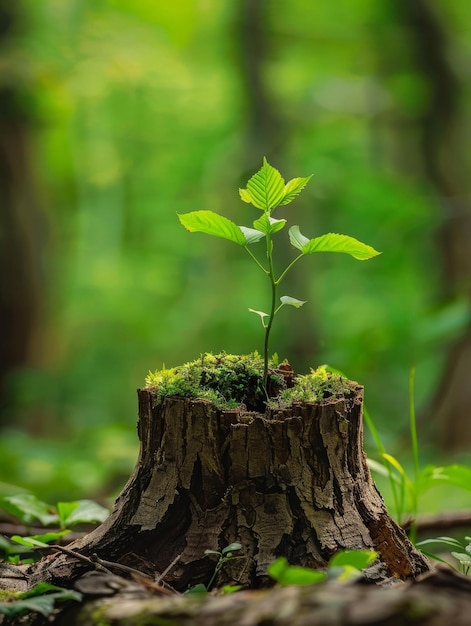 Eine junge Pflanze taucht aus den dunklen, geschützten Grenzen eines alten Baumstumpfes auf, der sich zum Sonnenlicht erstreckt und die Widerstandsfähigkeit der Natur symbolisiert.