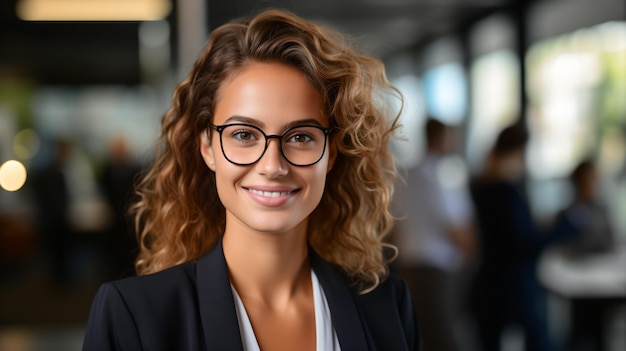 Eine junge professionelle Frau mit Brille lächelt in die Kamera