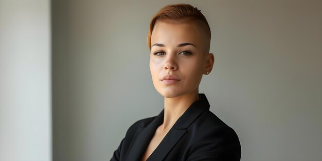 Foto eine junge professionelle frau mit untergeschnittener frisur und schwarzem anzug posiert zuversichtlich für ein foto in ihrem büro.