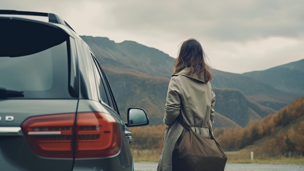 Eine junge Reisende steht neben ihrem Auto und bewundert eine schöne Aussicht auf die Berge, während sie in den Urlaub fährt Generative KI