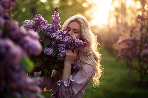 eine junge schöne Blondine hält bei Sonnenuntergang einen riesigen Blumenstrauß an ihrem Gesicht im Park