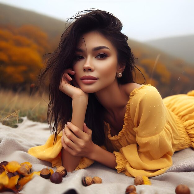 Eine junge schöne Frau in einem gelben Kleid liegt in der Natur