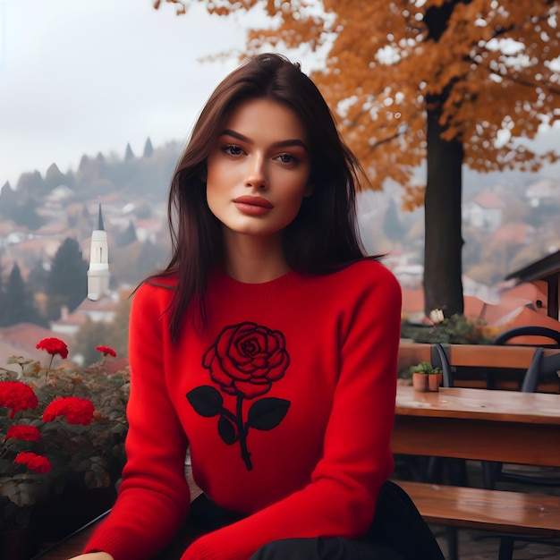 Eine junge schöne Frau in einem roten Pullover mit Rosenblüten darauf und schwarzem Rock sitzt im Restaurant