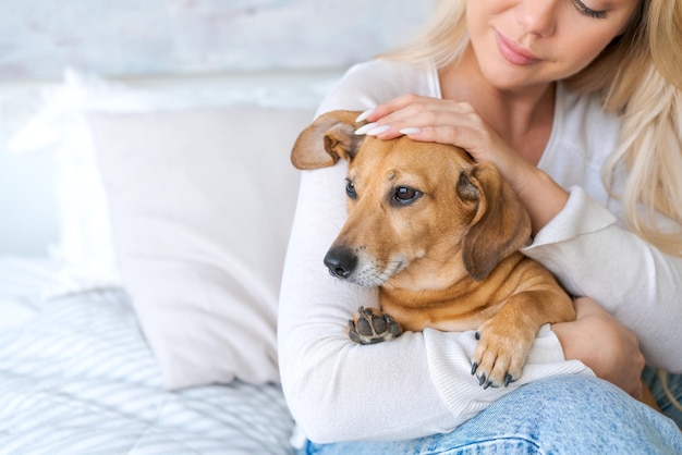 Eine junge schöne Frau in Freizeitkleidung umarmt und streichelt ihren geliebten Hund im Sitzen