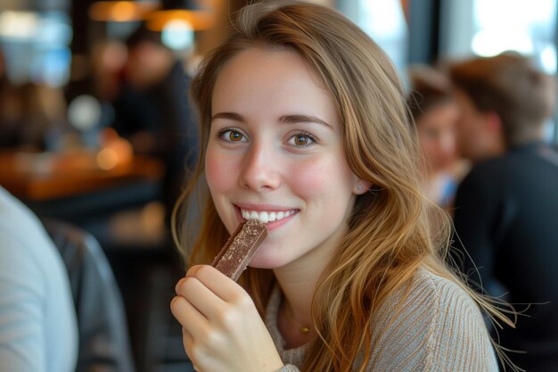 Eine junge schöne Frau isst eine Schokoladenstange in einem Café Close-up-Porträt