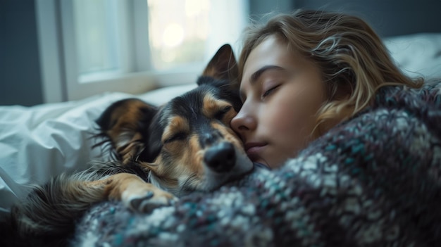 Eine junge schöne Frau schläft süß in ihrem Bett und umarmt ihren liebenswerten Hund mit Liebe und Sorgfalt.