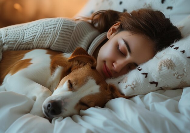 Eine junge schöne Frau schläft süß in ihrem Bett und umarmt ihren liebenswerten Hund mit Liebe und Sorgfalt.