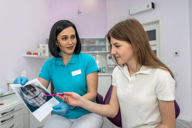 Eine junge schöne Patientin kam zu einer Konsultation mit einer Zahnärztin in eine Privatklinik