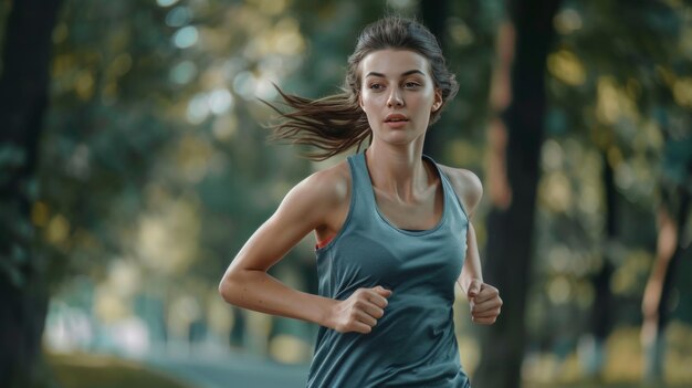 Eine junge, schöne Sportlerin läuft durch den Park mit einem großen Büroraum.