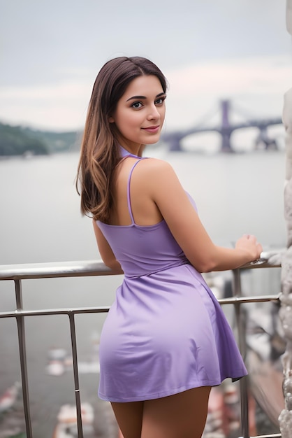 Eine junge, sinnliche Frau in einem hellvioletten Sommerkleid steht auf einem Balkon in einer Wohnung