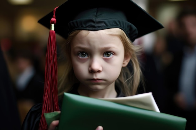 Foto eine junge studentin hält nervös ihr mit generativer ki erstelltes diplom in der hand