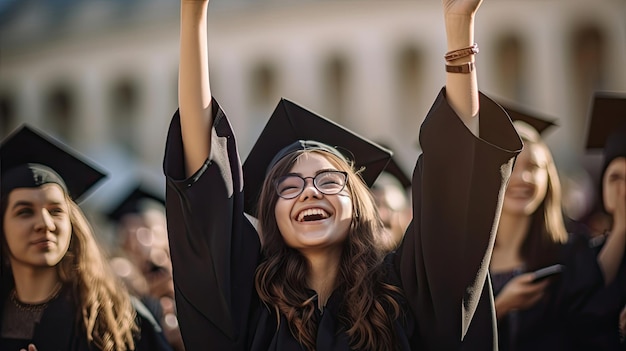 Eine junge Studentin hebt die Hand, um ihren Universitätsabschluss zu feiern.