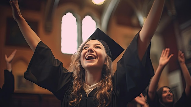 Eine junge Studentin hebt die Hand, um ihren Universitätsabschluss zu feiern.