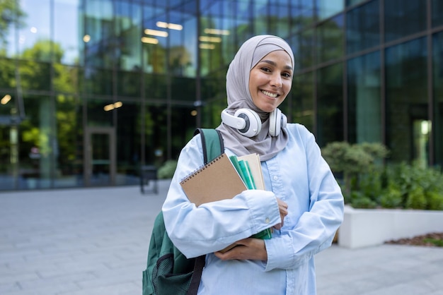 Eine junge Studentin mit Hijab-Kopfhörern um den Hals hält Bücher und steht stolz vor einem