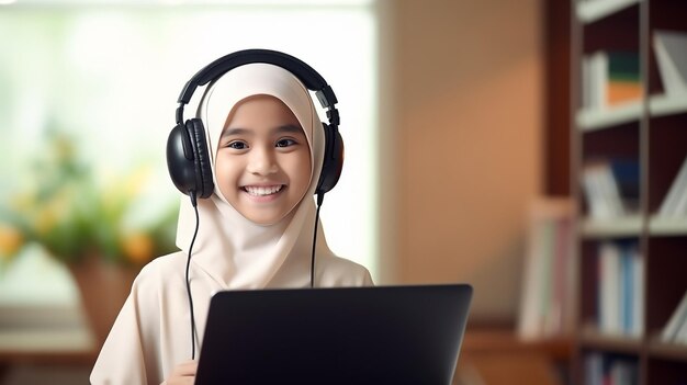 Eine junge Studentin sitzt beim Lernen am Tisch und benutzt Kopfhörer