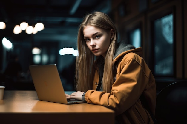 Eine junge Studentin trinkt Kaffee, während sie auf ihren Laptop schaut, der mit generativer KI erstellt wurde