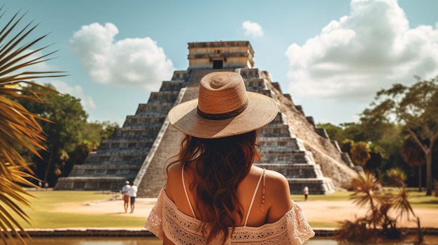 Eine junge Touristin mit Hut steht