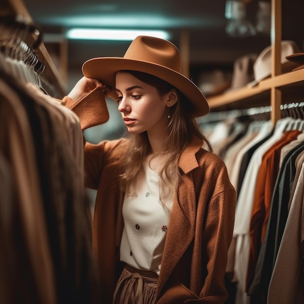 Eine junge und elegante schöne Frau wählt glücklich ihre Outfits mit generativer KI aus