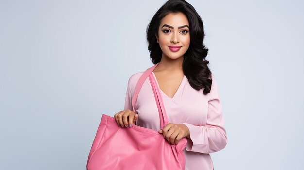 Eine junge und schöne indische Frau, ein Model in einem rosa Kleid und mit einer Tasche stehend, schaut nach vorne