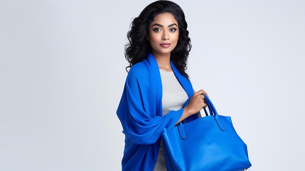 Foto eine junge und schöne indische frau, ein modell in einem blauen kleid und einer zeigenden hand, schaut nach vorne