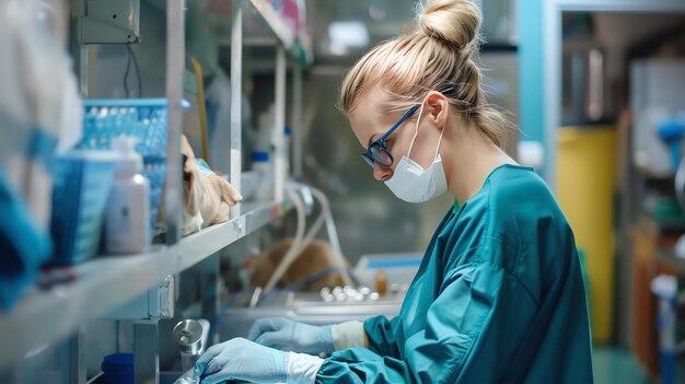 Foto eine junge wissenschaftlerin mit laborkleid-handschuhen und sicherheitsbrille arbeitet in einem labor