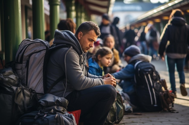 Foto eine kämpfende familie, die wegen der finanziellen krise und der lebenshaltungskosten vertrieben wurde, ist über die umsiedlung gestresst.