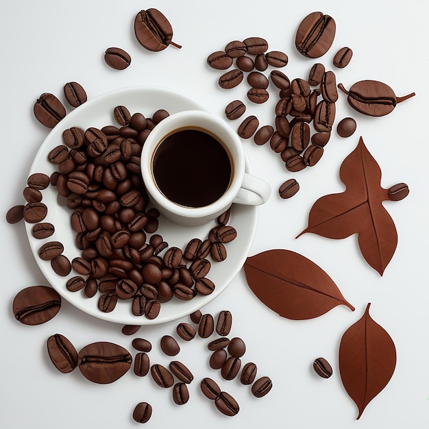 Eine Kaffeebohne und ein Blatt sowie ein Glas Kaffee in der Ecke auf weißem Hintergrund, generiert von KI