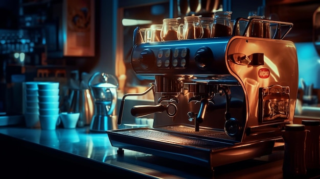 Eine Kaffeemaschine in einer Bar mit einem Glas Kaffee darauf.