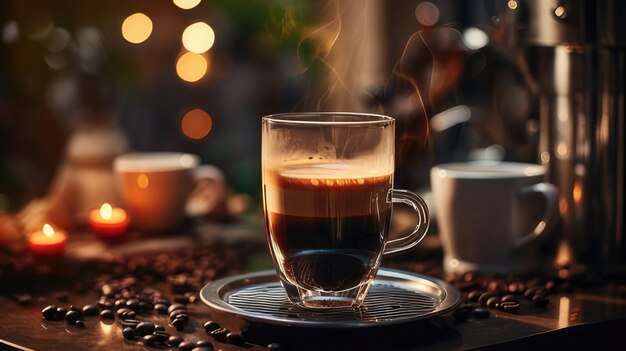 Foto eine kaffeemaschine in einer gemütlichen atmosphäre gießt kaffee in eine tasse in einem warmen licht das konzept des heimkomforts frühstück und guten morgen