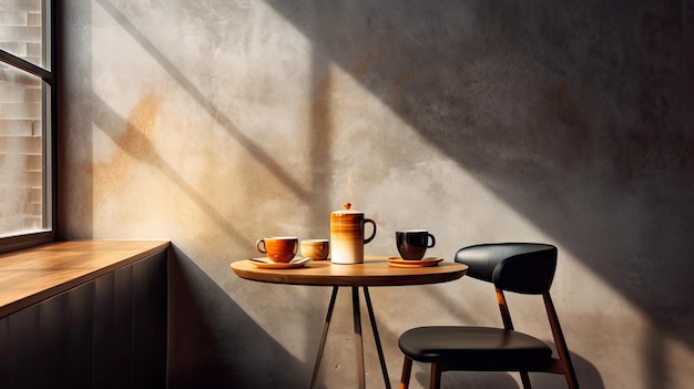 Eine Kaffeetasse auf einem Holztisch vor einem Fenster, durch das Sonnenlicht fällt und Schatten wirft