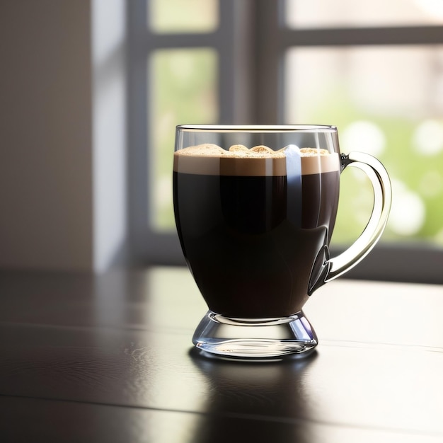 Eine Kaffeetasse aus Glas mit einem Henkel, auf dem "Kaffee" steht.