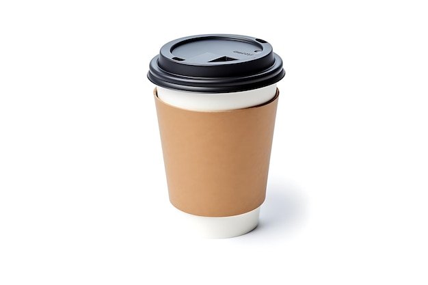 Eine Kaffeetasse mit einem schwarzen Deckel, isoliert auf weißem Hintergrund