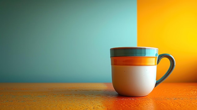 Eine Kaffeetasse sitzt auf einem Tisch neben einer orangefarbenen und blauen Wand ai