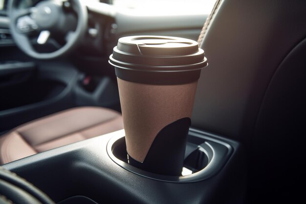 Eine Kaffeetasse steht auf dem Sitz eines Autos.