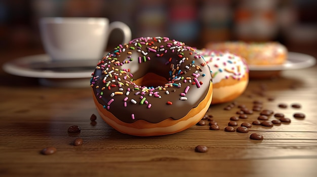Eine Kaffeetasse und zwei Donuts mit Schokoladenglasur und Sprinkles auf einem Tisch.