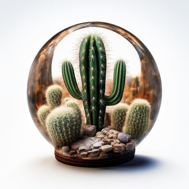 eine Kaktuspflanze befindet sich in einer Glasvase mit Felsen und Felsen