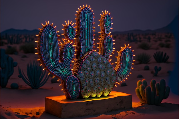 Eine Kaktusskulptur mit Neonlichtern darauf