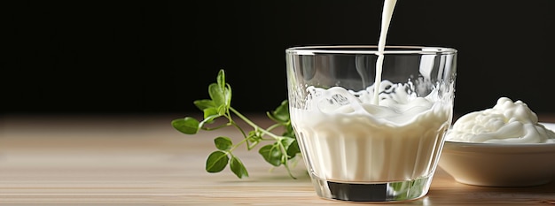 Eine kalte Milch, die aus einem Glas aus einem Glas gegossen wird Dunkler Hintergrund mit Kopierraum