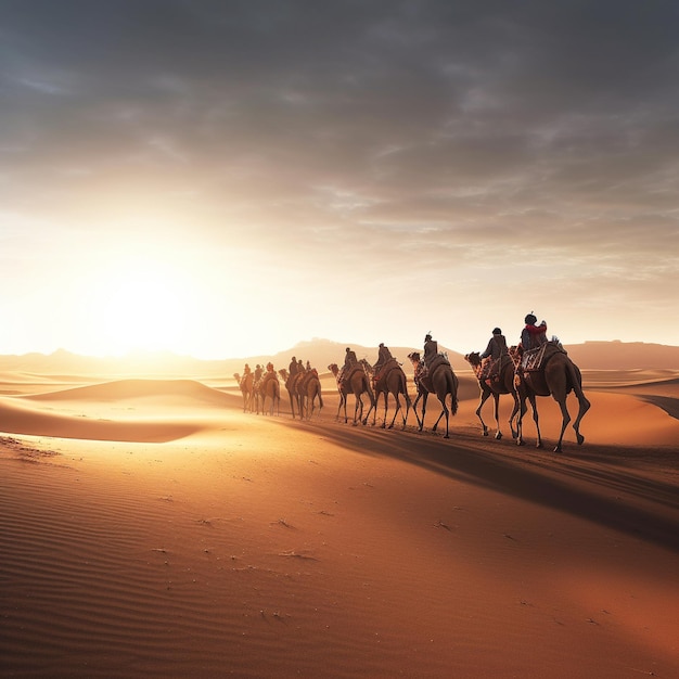 eine Kamelkarawane, die durch die Wüste fährt, während die Sonne hinter ihnen untergeht.