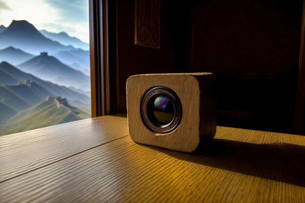 Eine Kamera, die auf einem Holztisch sitzt