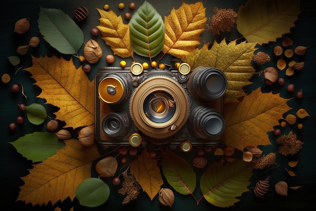 Eine Kamera mit Herbstblättern darauf und dem Wort „Herbst“ auf der Unterseite.