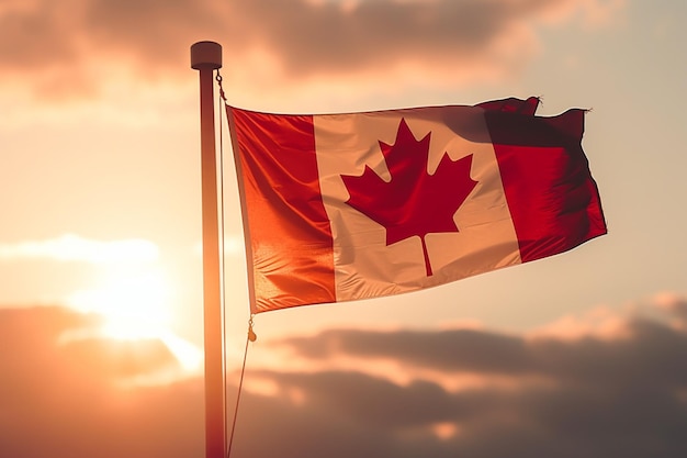 Eine kanadische Flagge mit der Sonne, die dahinter untergeht