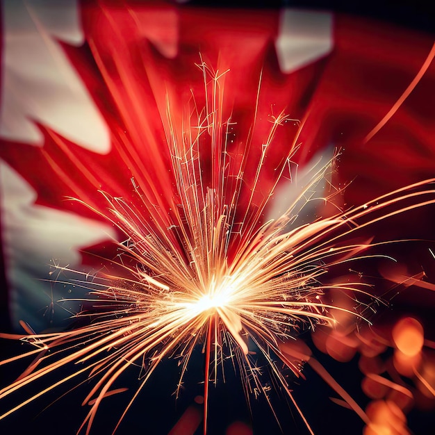 Eine kanadische Flagge mit Feuerwerk im Hintergrund