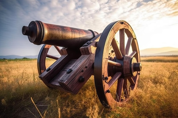 eine Kanone auf einem Holzrad auf einem Feld