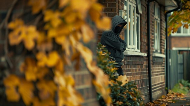 Eine Kapuzenfigur, die an einem Herbsttag vor einem Haus lauert