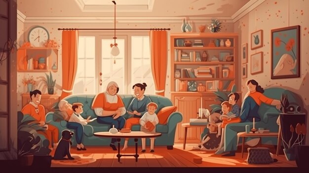 Foto eine karikatur einer familie, die auf einer couch in einem wohnzimmer sitzt.