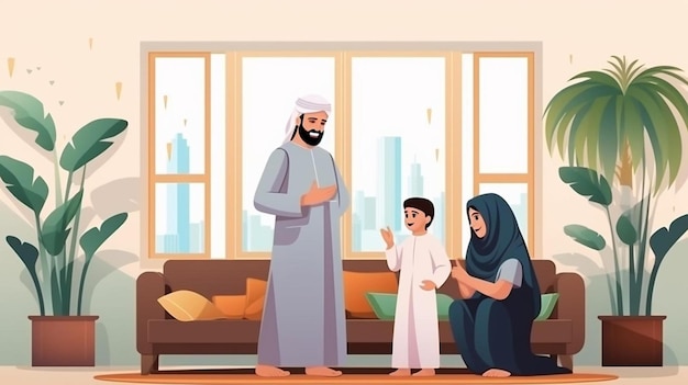 eine Karikatur einer Familie in einem Wohnzimmer mit einem Mann und einem Kind
