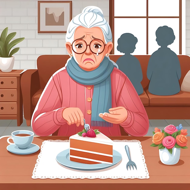 eine Karikatur einer Frau, die ein Stück Kuchen isst, mit einem Bild einer alten Frau, die an einem Tisch sitzt